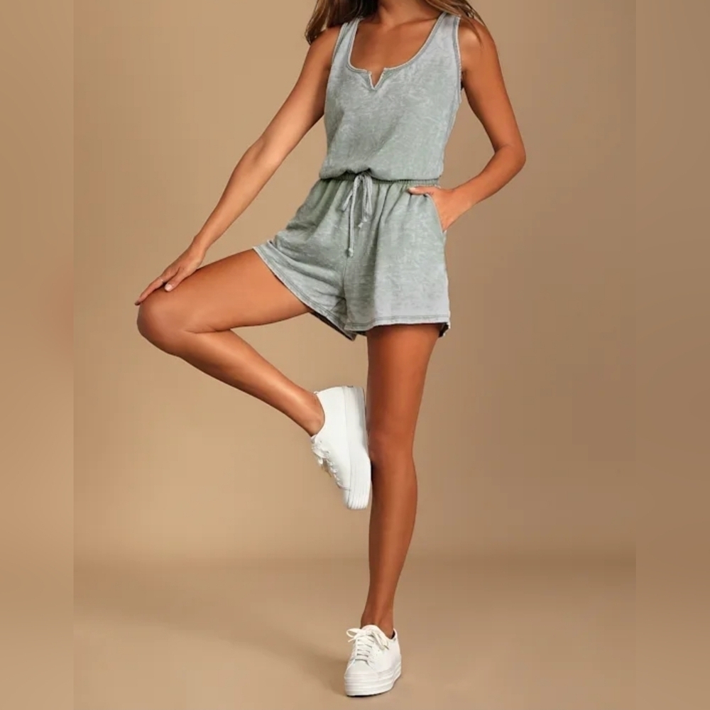 Lulus Perfect Lazy Day Sage Green Sleeveless Drawstring Lounge Romper